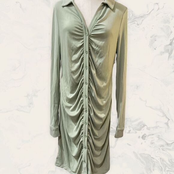 TOPSHOP Women’s Ruched Long Sleeve Minidress Light- Size 12 - Sage Green - Picture 1 of 4